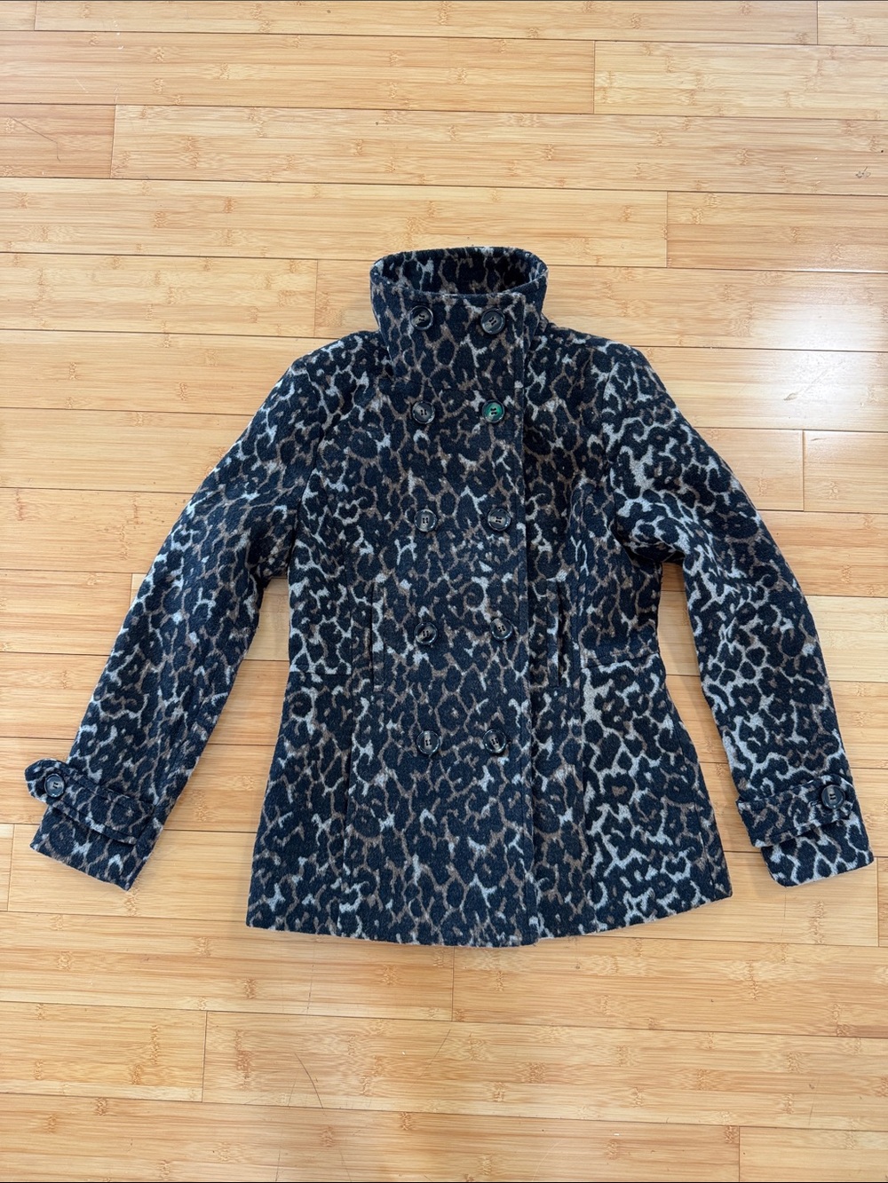 Thread & Supply Black and Gray Leopard Double-Breasted Pea Coat